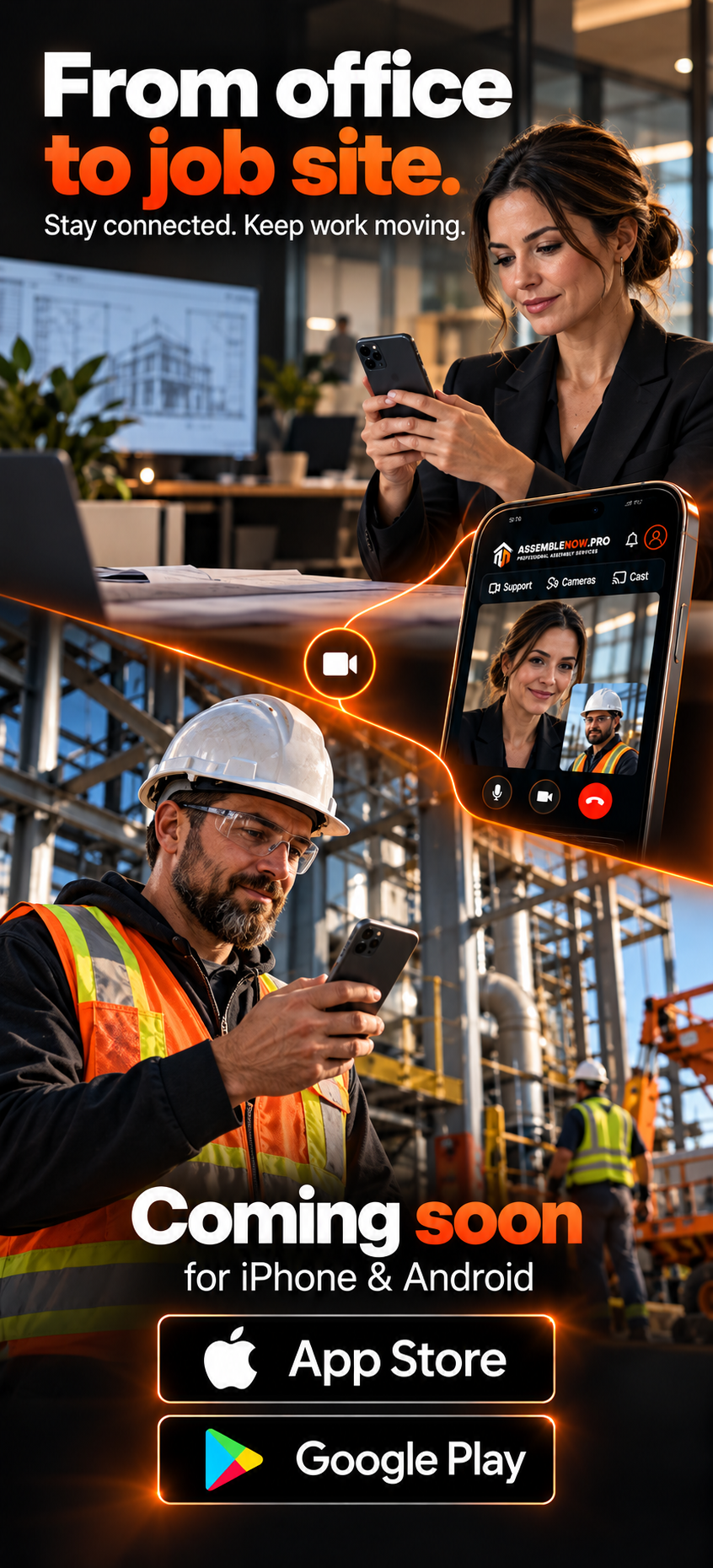 From office to job site: a woman in a suit and a site supervisor communicating by phone. Coming soon for iPhone and Android on the App Store and Google Play.
