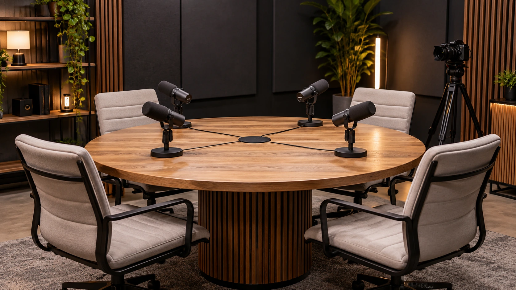 Professional podcast recording room with interview table, mounted microphones and acoustic wall panels