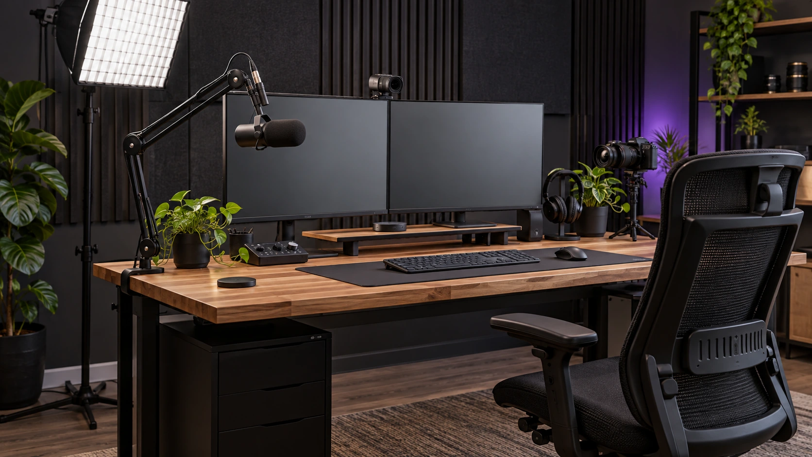 Organized content-creator workstation with monitors, camera, microphone and studio lighting