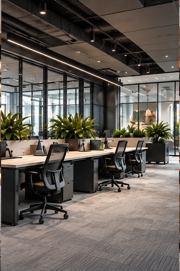 A contemporary office with coordinated workstations and meeting spaces