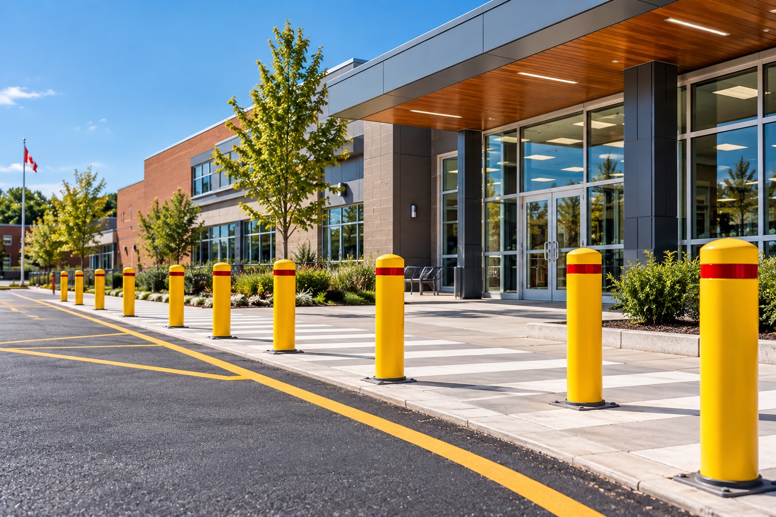 Safety bollards outside a commercial building