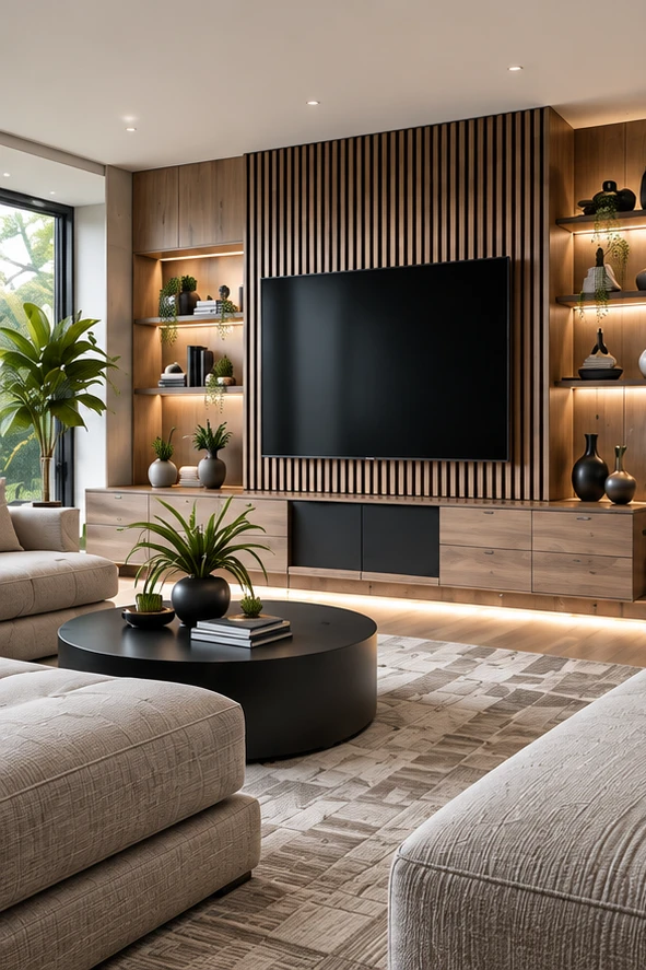 A contemporary living room with a media wall, mounted television and storage