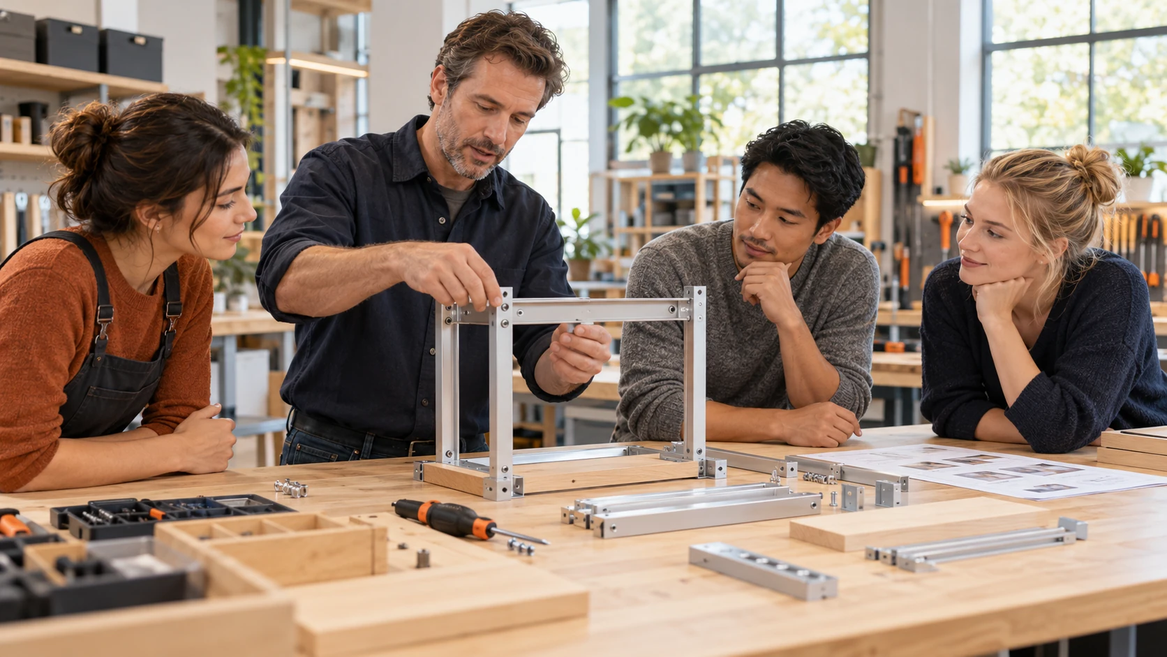 Illustrative instructor helping adult learners practise assembly skills at a workbench