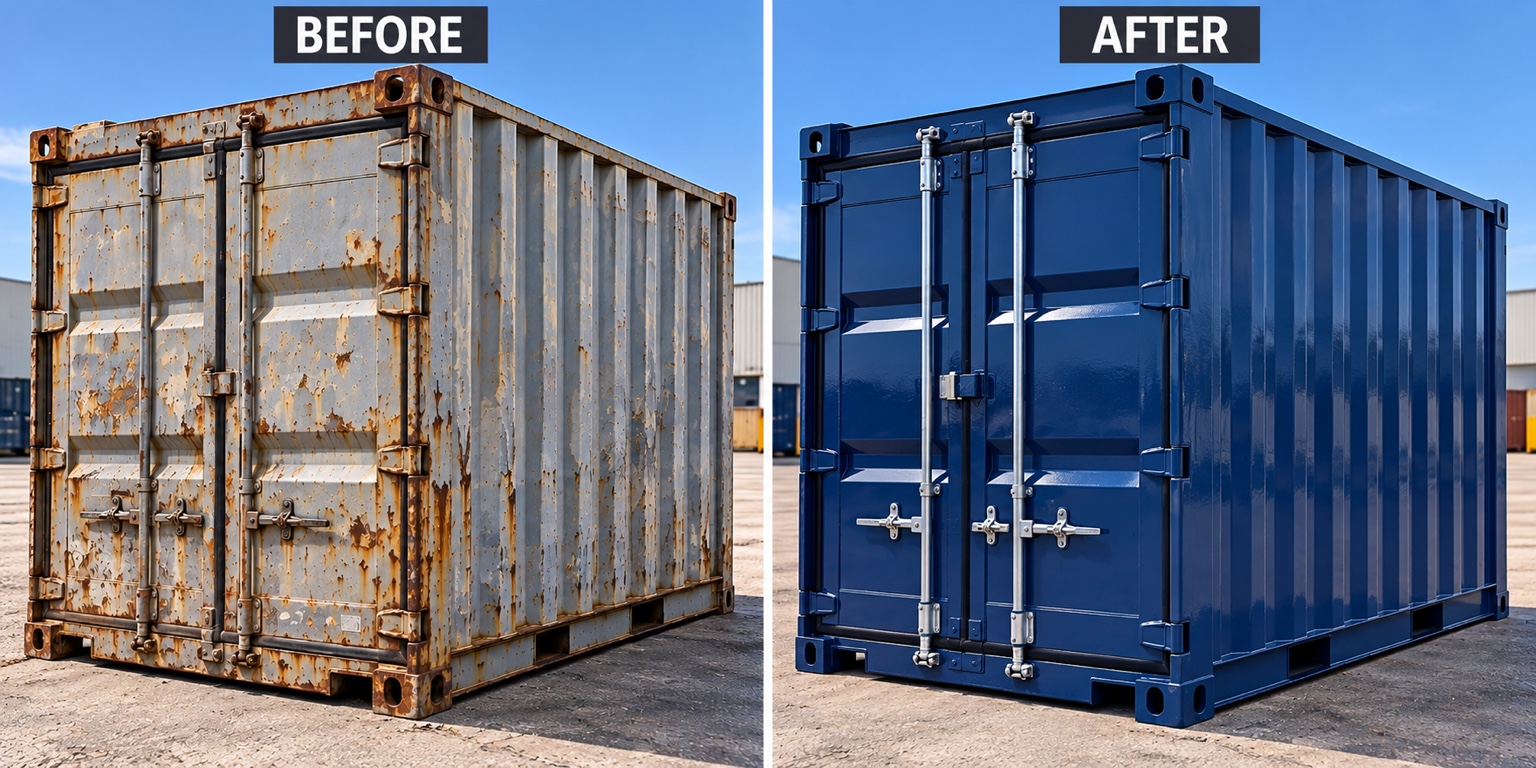 Illustrative before-and-after comparison of a weathered shipping container and a refurbished navy-blue finish